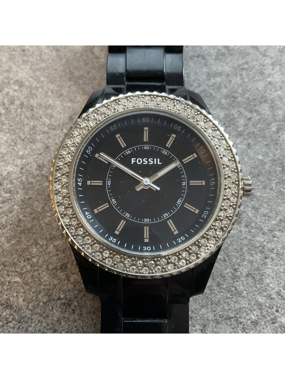 Fossil Womens Watch ES2445 38mm Black Resin Case & Band Crystal Accent Bezel A9